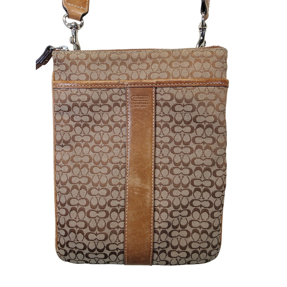 Coach Signature Jacquard Crossbody Bag Tan Leather Trim Slim Messenger Brown - Picture 2 of 12